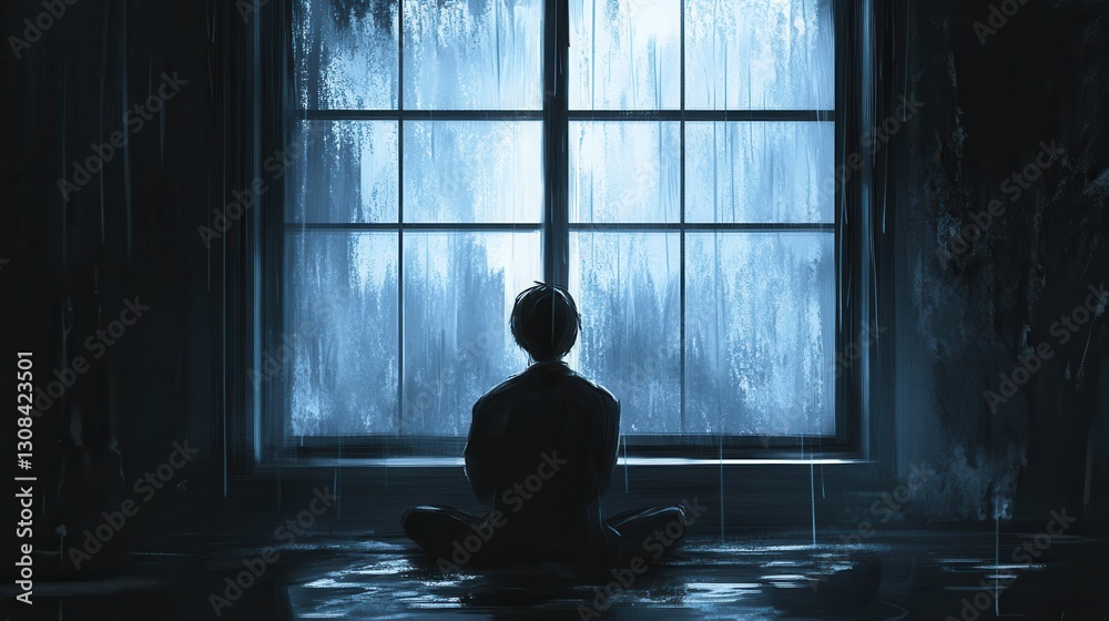 Poster lonely figure gazes out at a rainy window while surrounded by deep blues and grays