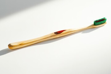 A sustainable bamboo toothbrush with green bristles rests on a white background.