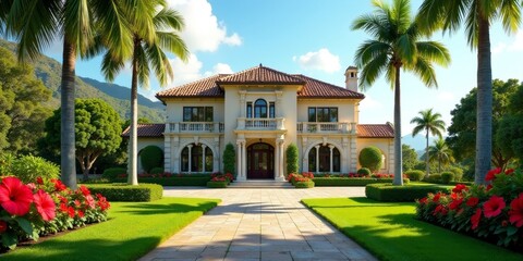 Fototapeta premium Luxury Mediterranean-style residence nestled within a vibrant, meticulously landscaped garden, showcasing a grand entrance and lush tropical flora