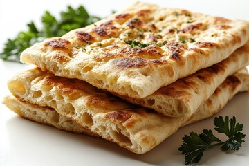 Deliciously baked flatbreads stacked on a plate, garnished with fresh herbs, perfect for serving with various meals or enjoying as a snack.