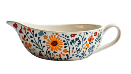 A charming floral-patterned gravy boat, perfect for adding a touch of elegance to your table setting. The vibrant colors and whimsical design make it a delightful addition to any kitchen.