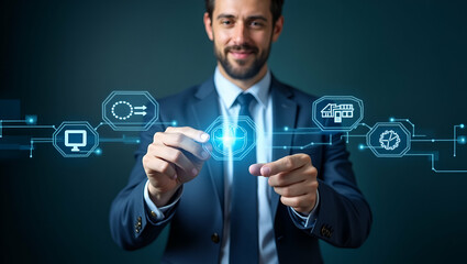 Empowering Education and Career Growth: A Businessman Utilizing Advanced Holographic Tools for Strategic Planning in Personal Development - Stock Photo Concept with Space for Customization