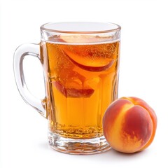 Glass with handle filled with peach juice, fun and unique presentation.