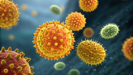 Microscopic pollen grains with intricate textures.