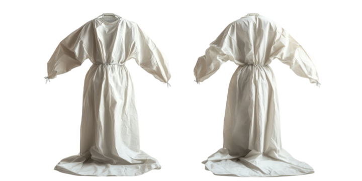 Full-length view of two off-white isolation gowns, displayed front and back, showcasing their design and drape.