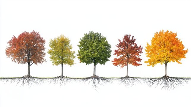 Cross-section visualization of maple tree growth stages against pure white background, detailed root system development from initial taproot to complex network, trunk diameter progression showing