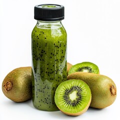Bottle of kiwi juice, fresh and ready to enjoy, isolated on white background for easy access and visibility.
