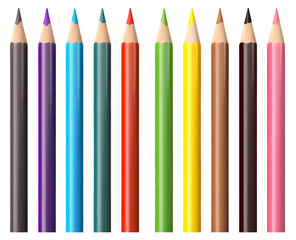 Row of vibrant colored pencil arranged horizontally on white background