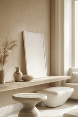 Minimalist living room interior design featuring a large blank frame,  natural light, warm beige tones,  wooden furniture,  and decorative elements.