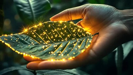 A hand gently holds a glowing leaf adorned with lights in a lush, green forest setting