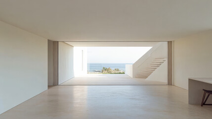 Modern architectural design showcasing an open space with ocean view and natural light