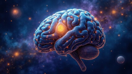 Obraz premium Digital brain structures, Futuristic digital brain with glowing circuits floating in cosmic void vibrant neural patterns and colors