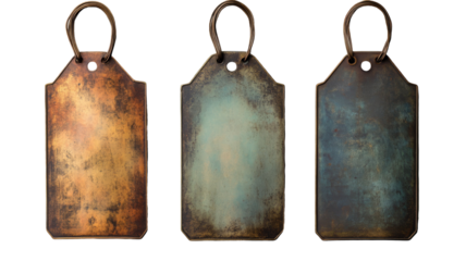 Three antique-style metal tags in varying colors, each with a unique patina and rustic charm. Perfect for adding a vintage touch to your designs.