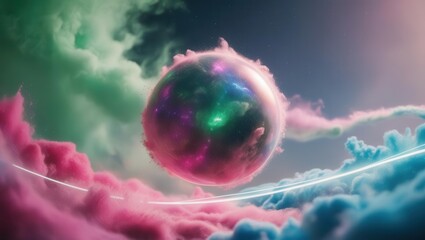 Vibrant cosmic nebula sphere outer space digital art colorful clouds abstract viewpoint