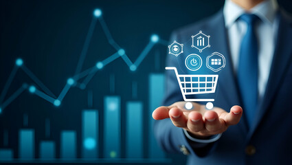 Professional stacking shopping cart analytics with holographic icons for market performance insights concept as Managing cart analytics and sales growth with advanced holographic visualization tools i