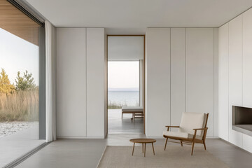 Fototapeta premium Modern interior design featuring a serene view of the ocean at sunrise in a minimalist space
