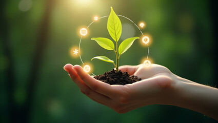 Nurturing Sustainability: A Hand-Held Plant Surrounded by Eco Icons for Corporate Responsibility