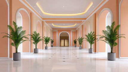 Fototapeta premium A serene hallway with a lush plant positioned centrally adding a touch of nature to the interior space