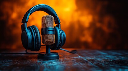 Overhead podcasting concept – vibrant close-up of studio-quality headphones and precision recording microphone on bold orange backdrop for creative audio production