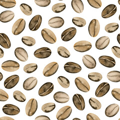 Hand drawn watercolor coffee beans seamless pattern. Isolated on white background.