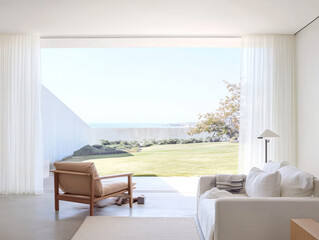 Fototapeta premium Modern interior with ocean view and natural light during midday