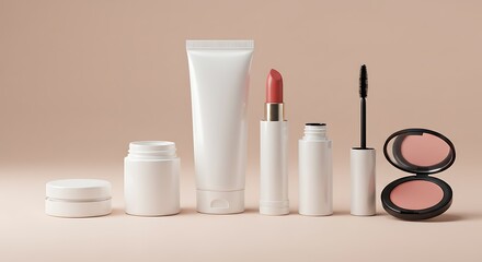 Premium Makeup Packaging Mockup Kit with Blank Lipstick Tubes, Mascara Containers, and Blush Compacts &ndash; Realistic Textures & Subtle Lighting for Branding