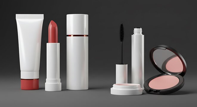 Premium Makeup Packaging Mockup Kit with Blank Lipstick Tubes, Mascara Containers, and Blush Compacts &ndash; Realistic Textures & Subtle Lighting for Branding