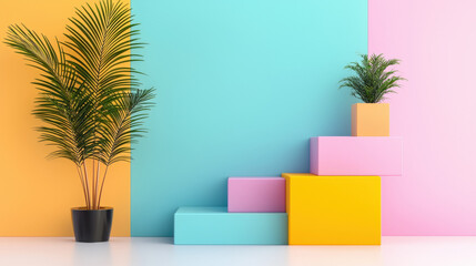 Vibrant plant in a pot set against a colorful background showcasing mellow pastels in realistic photography