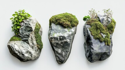 Set of angular geometric stones with creeping moss growing in organic patterns, detailed cross-section showing moss root system gripping rock surface, mix of realistic texture and stylized shapes,