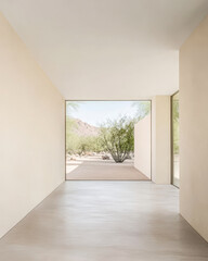 Fototapeta premium Modern architecture with a spacious interior and desert landscape view near a mountain range