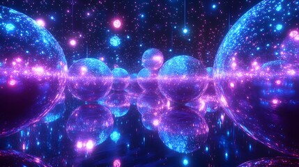 Fototapeta premium Shimmering spheres and cosmic lights reflected in a dark space