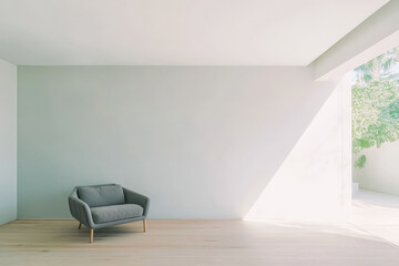 Minimalist interior with a grey armchair and natural light in a modern space
