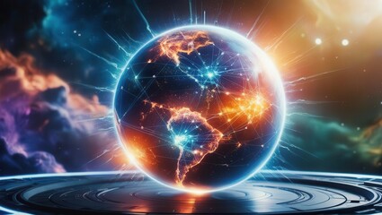 Obraz premium Dynamic cosmic energy sphere virtual universe digital illustration sci-fi environment close-up view