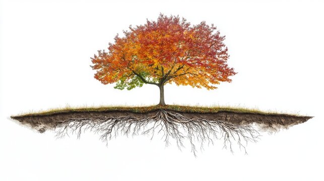 Cross-section visualization of maple tree growth stages against pure white background, detailed root system development from initial taproot to complex network, trunk diameter progression showing