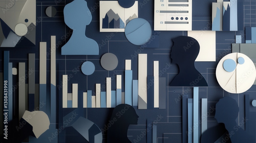 Poster sophisticated paper art representing political analysis with layered charts and silhouettes in navy 