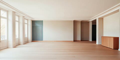 Modern unfurnished living space with large windows and wooden flooring in a bright atmosphere
