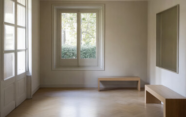 Fototapeta premium Modern minimalist interior design featuring natural light and wooden furniture