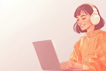 A young woman wearing headphones uses a laptop, smiling contentedly.