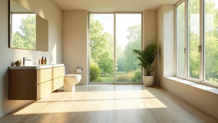 Fototapeta premium Serene minimalist bathroom design with natural light streaming through expansive windows overlooking a tranquil garden landscape, showcasing modern wooden cabinetry and a sleek toilet.