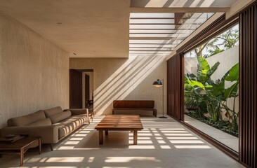 A contemporary and chic living room featuring an industrial-style sofa, coffee table, desk lamp, a black metal frame poster, textured wallpaper, and wooden side tables