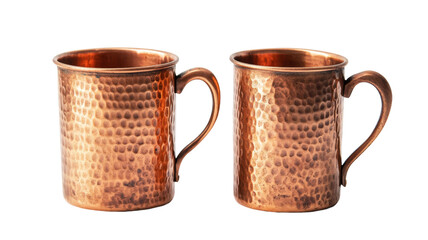 Two hammered copper mugs gleam against a black background. The warm tones and rustic texture make them perfect for a cozy drink.