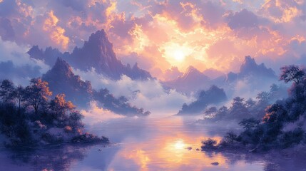 Serene Sunset Over Misty Mountain Lake