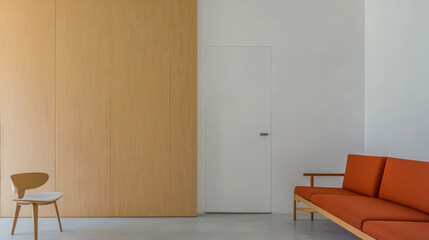 Modern interior design featuring a minimalist living space in neutral tones and orange accents