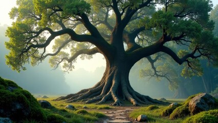 Ancient, Majestic Oak Tree in a Misty Woodland Setting with a Stone Path