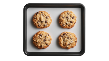Four freshly baked chocolate chip cookies on a baking sheet. Golden brown and delicious!