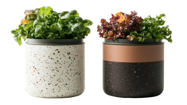 Two stylish planters, one in speckled white and the other in speckled dark brown, showcase vibrant green and red lettuce. A fresh and modern take on indoor gardening.