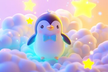 Adorable 3D penguin wearing a bow tie sits among fluffy clouds and glowing stars.