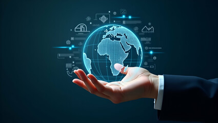 Flat Hand Interacting with Holographic Globe: A Cute Vector Illustration Showcasing Financial and Linguistic Data for Global Market Insights in Business Intelligence