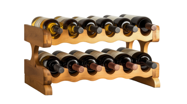 Wooden wine rack filled with bottles of red and white wine. Perfect for wine lovers and home bars!