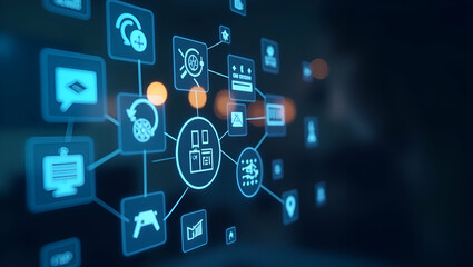 Holographic Workspace Concept: Enhance Remote Work Tools with Communication & Data Sharing Icons - Stock Photo Featuring Empty Space for Customization